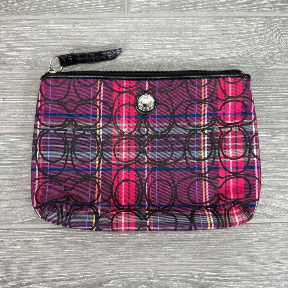 COACH Pink Poppy Tartan Plaid Glitter Makeup Cosmetic Zipper Pouch Travel Bag